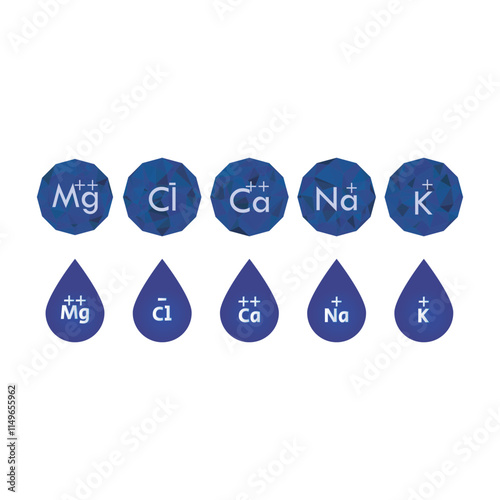 Set of blue electrolyte modern icons - Calcium, Sodium, Magnesium, Potassium and Chlorine ion symbols for Mineral product, mineralized water, health care and education