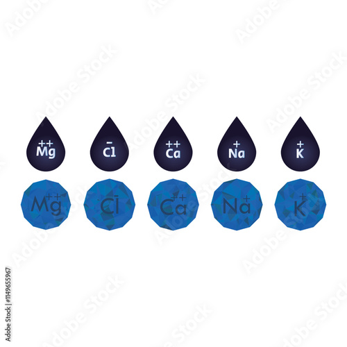 Set of blue electrolyte modern icons - Calcium, Sodium, Magnesium, Potassium and Chlorine ion symbols for Mineral product, mineralized water, health care and education