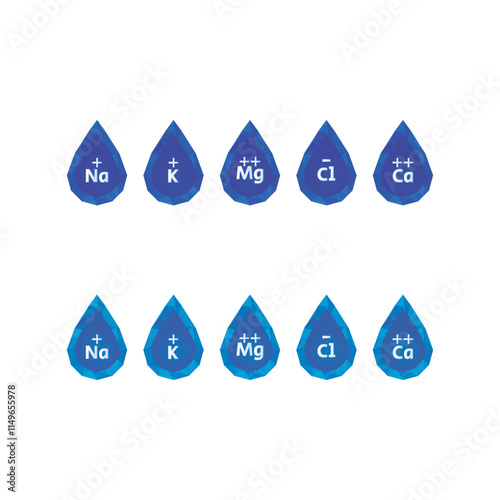 Set of blue electrolyte modern icons - Calcium, Sodium, Magnesium, Potassium and Chlorine ion symbols for Mineral product, mineralized water, health care and education