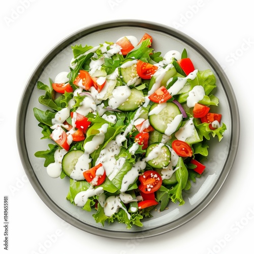 Healthy vegetarian meal with mixed greens, cucumber, tomatoes and creamy sauce, perfect for a light lunch or dinner
