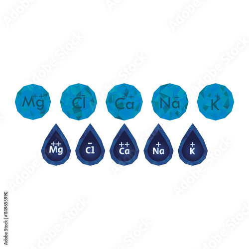 Set of blue electrolyte modern icons - Calcium, Sodium, Magnesium, Potassium and Chlorine ion symbols for Mineral product, mineralized water, health care and education