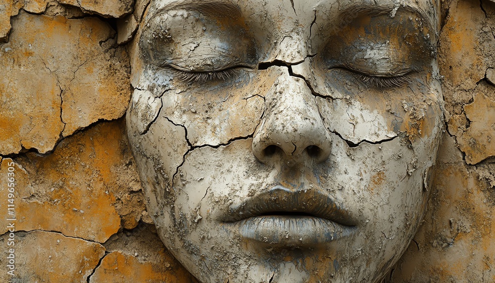An abstract image of a deteriorating face, with corrosion and cracks, set against a broken dirt ground in a dramatic, earthy environment An abstract image of a deteriorating face, with corrosion and cracks, set against a broken dirt ground in a dramatic, earthy environment
