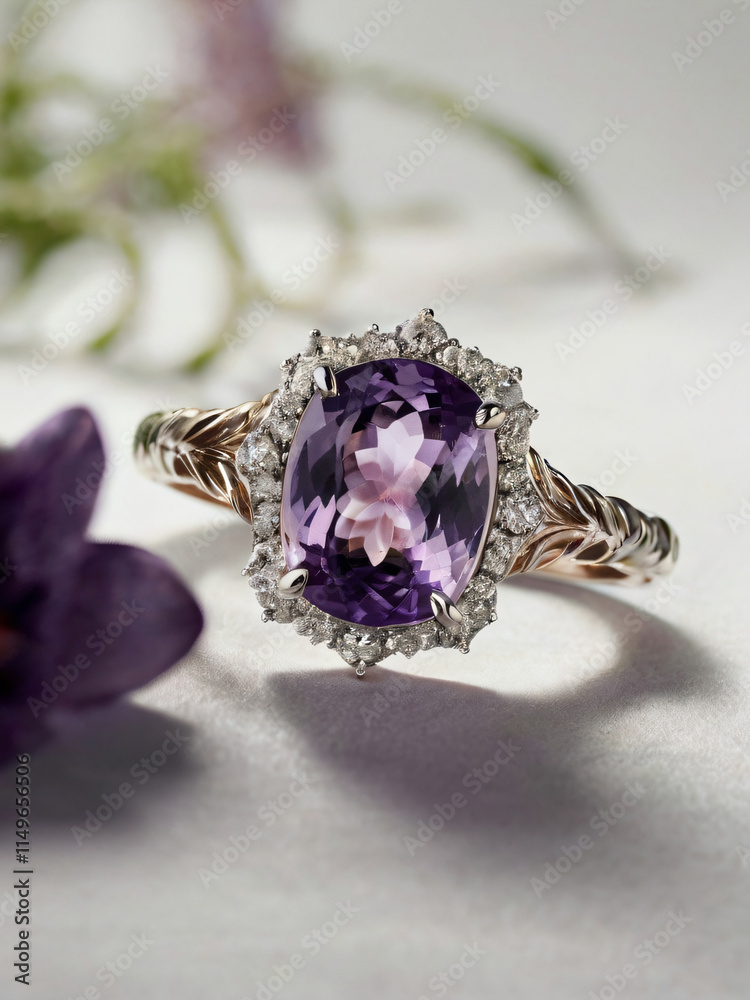 A stunning gold and silver ring with a central purple gemstone. A stunning gold and silver ring with a central purple gemstone.