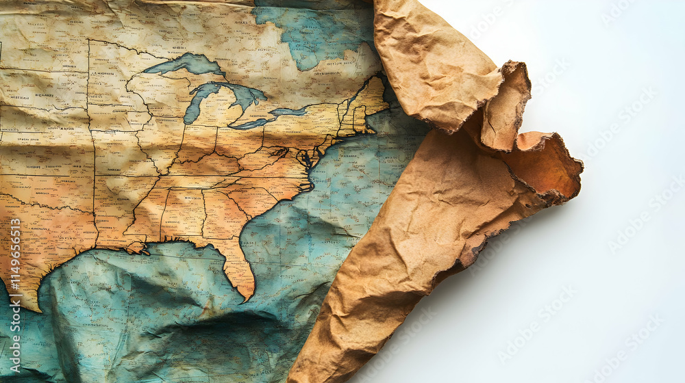 Fototapeta premium A crumpled vintage map showing parts of the United States, emphasizing its historical texture.
