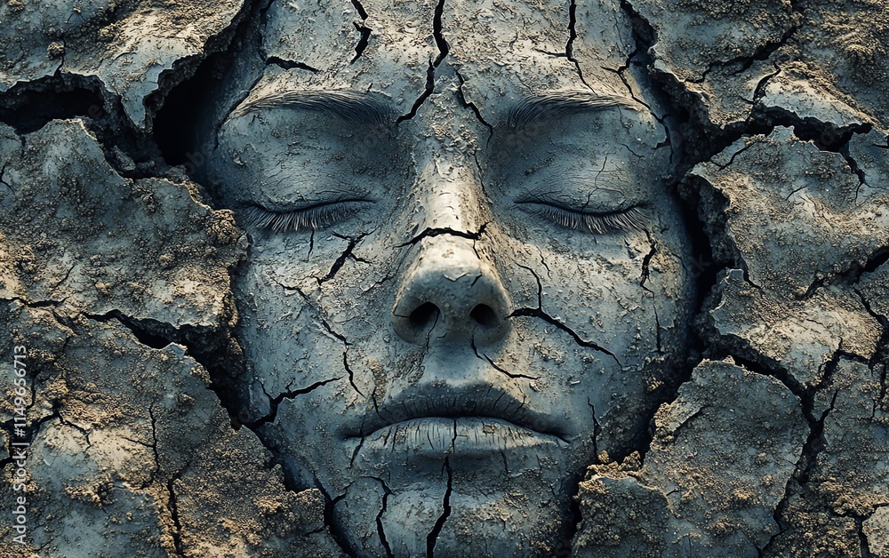 An abstract image of a corroding face, with intricate cracks and dirt ground, symbolizing decay and transformation in a surreal, dramatic style An abstract image of a corroding face, with intricate cracks and dirt ground, symbolizing decay and transformation in a surreal, dramatic style