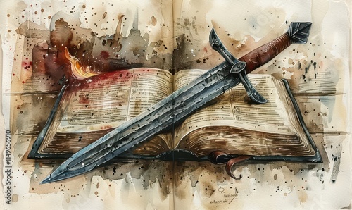 Flaming sword of the spirit resting upon an open holy bible, depicting the power of the word of God in vibrant watercolor style