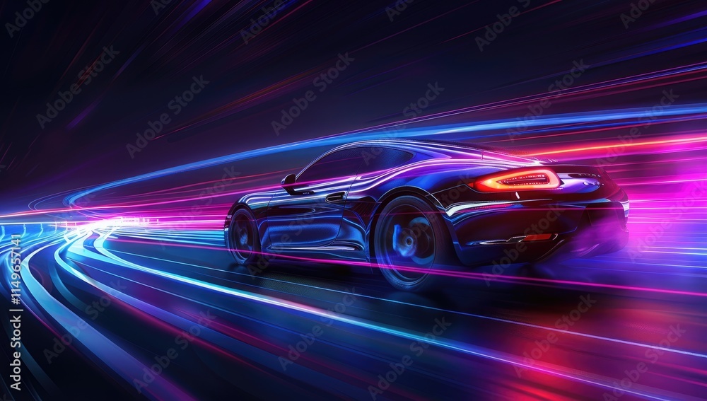Futuristic Sports Car On Neon Highway. Powerful acceleration of a supercar with colorful lights trails. generative AI. hyper realistic Futuristic Sports Car On Neon Highway. Powerful acceleration of a supercar with colorful lights trails. generative AI. hyper realistic