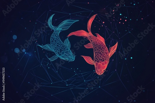 Sleek linear representation of the pisces zodiac sign on a dark polygonal background