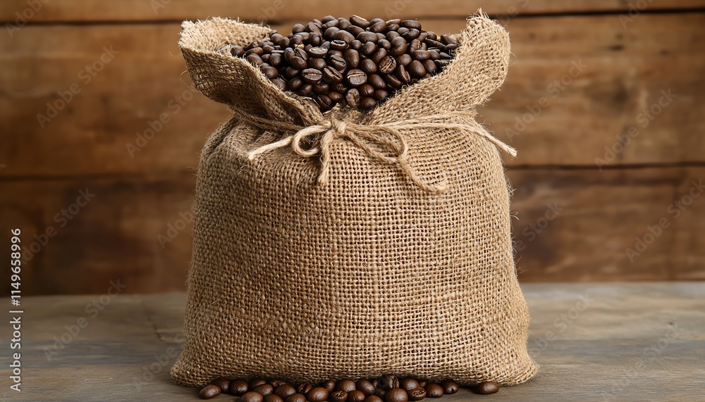A jute bag filled with aromatic coffee beans, set against a wooden background, evoking a cozy and authentic coffee shop atmosphere A jute bag filled with aromatic coffee beans, set against a wooden background, evoking a cozy and authentic coffee shop atmosphere