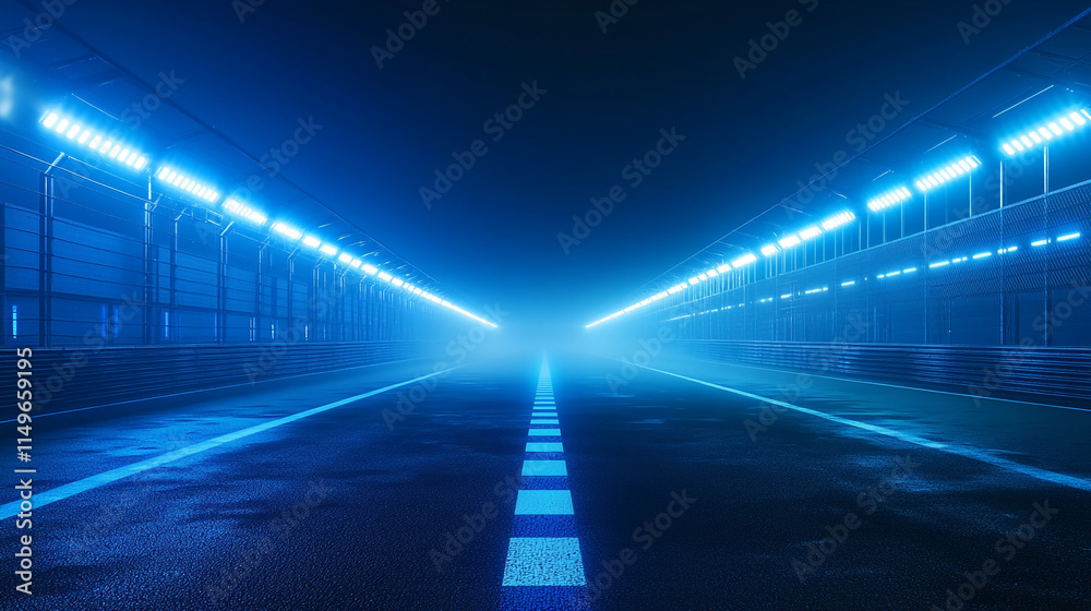 Empty racetrack illuminated by blue lights shrouded in mist at night. Empty racetrack illuminated by blue lights shrouded in mist at night.
