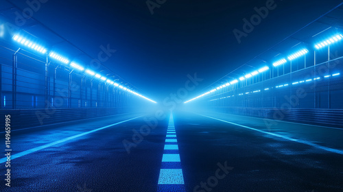 Empty racetrack illuminated by blue lights shrouded in mist at night. 