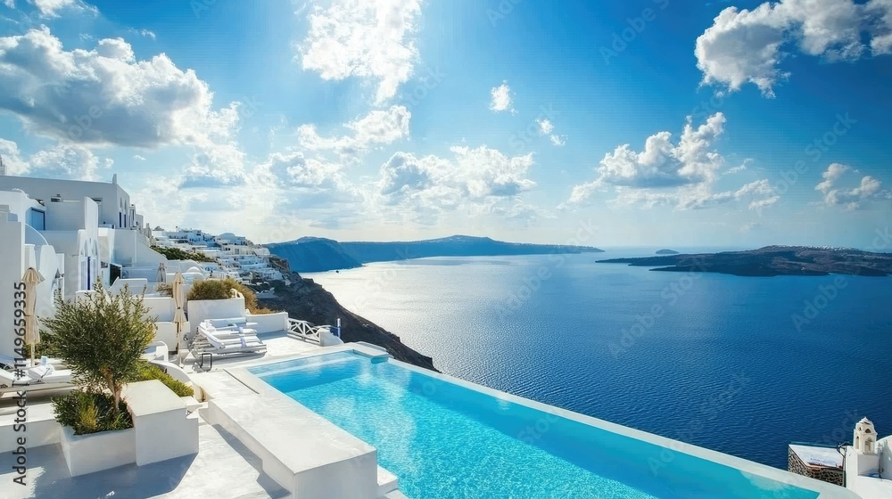 Fototapeta premium Breathtaking View of Santorini Island with Infinity Pool and Ocean