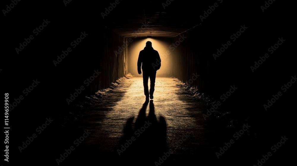 Mysterious Figure Walking Through Dark Tunnel with Backlight Glow Mysterious Figure Walking Through Dark Tunnel with Backlight Glow