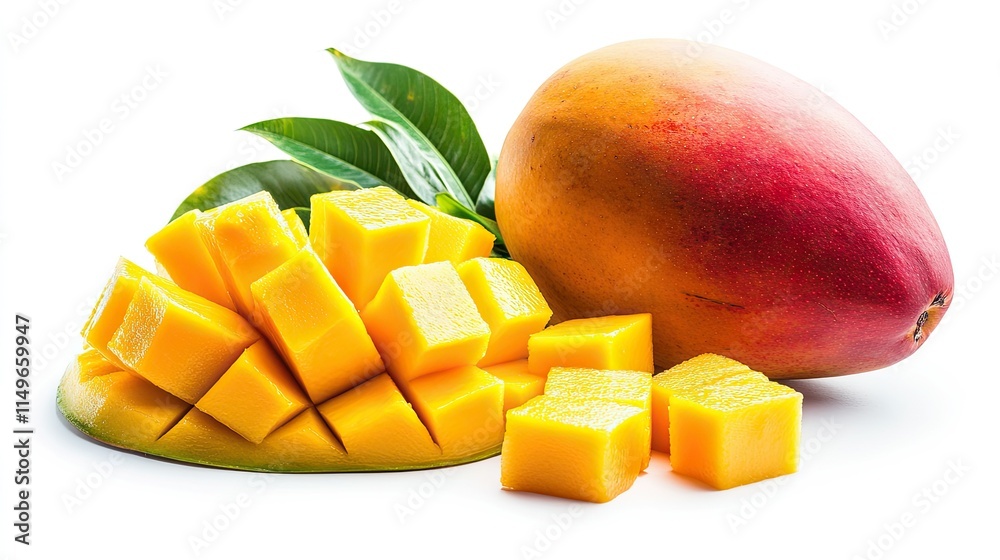 Fresh Mango Fruit with Juicy Cubes and Green Leaves on White Background Fresh Mango Fruit with Juicy Cubes and Green Leaves on White Background