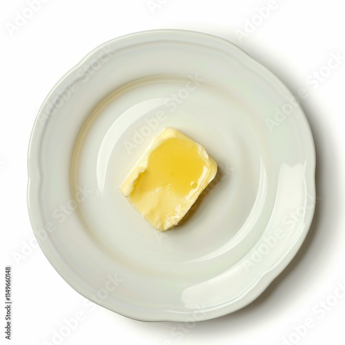 Overhead studio shot of single melting pat of butter with honey on white plate