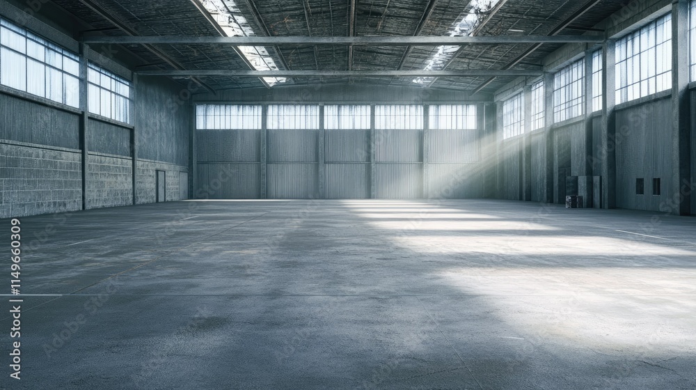 Spacious Industrial Warehouse with Sunlight Streaming Through Windows Spacious Industrial Warehouse with Sunlight Streaming Through Windows