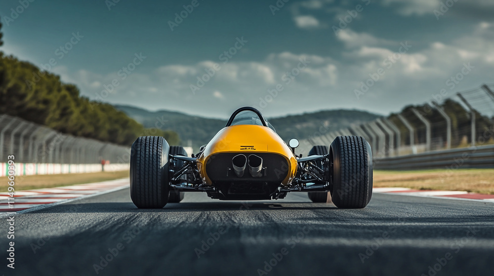Classic racing car on track during sunny day at motorsport circuit. Classic racing car on track during sunny day at motorsport circuit.