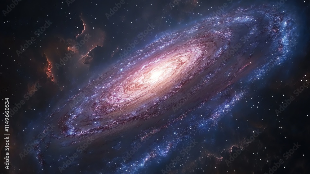 A stunning view of a spiral galaxy with a central bulge and swirling arms, illuminated by bright stars and dust. A stunning view of a spiral galaxy with a central bulge and swirling arms, illuminated by bright stars and dust.
