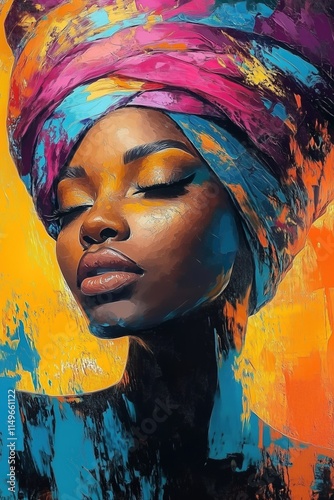 Abstract Oil Painting of African Woman with Vibrant Turban in Bold, Expressive Colors