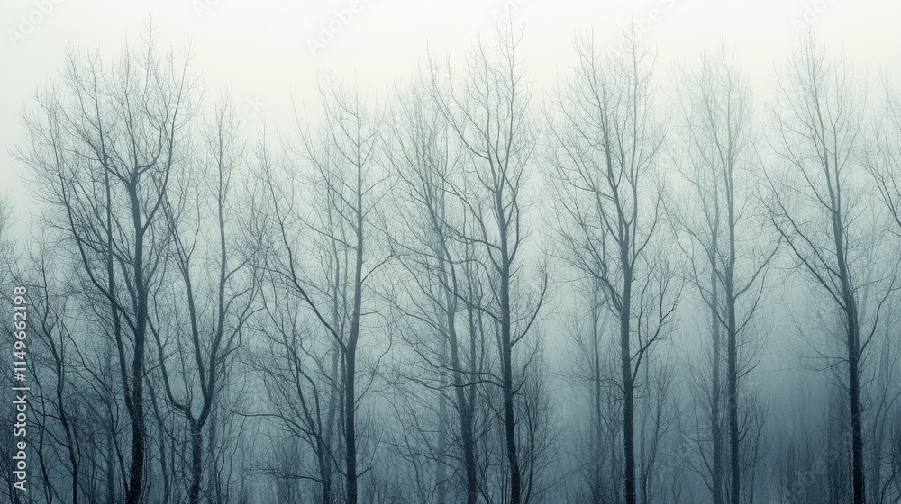 Ethereal Misty Landscape with Bare Trees in Foggy Atmosphere Ethereal Misty Landscape with Bare Trees in Foggy Atmosphere