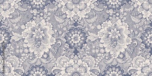 Intricate floral pattern in blue and white, showcasing elegant design and detail.