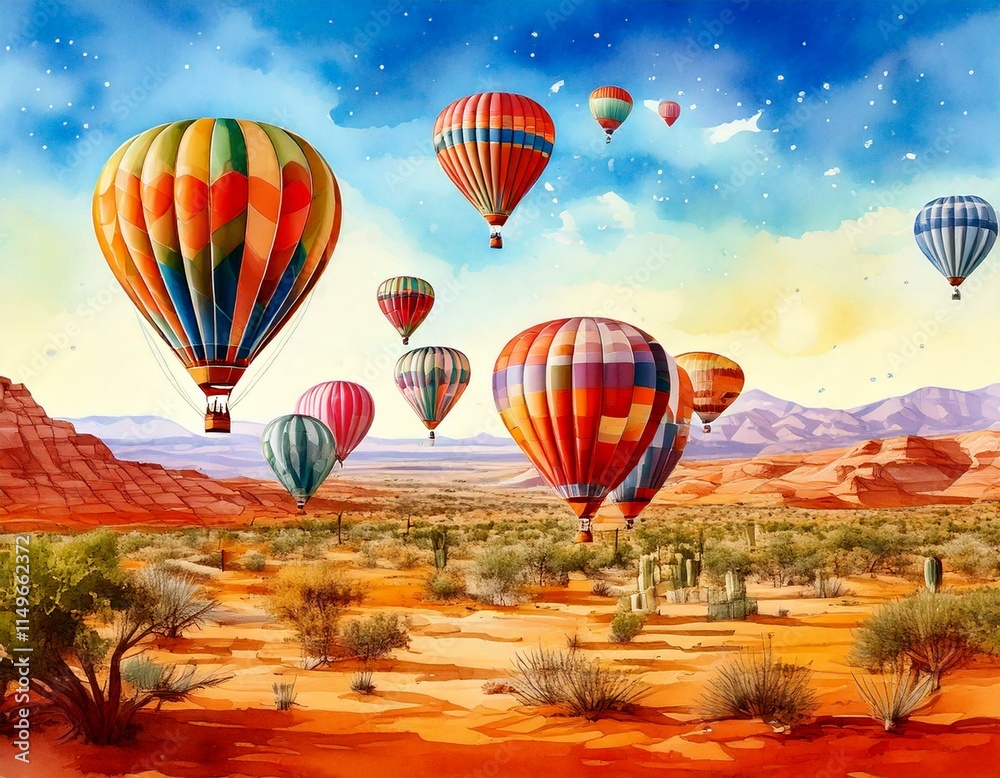 Obraz premium Watercolor hot air balloon festival in a desert with colorful, patterned balloons