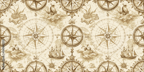 Vintage nautical pattern featuring compasses and ships in sepia tones.