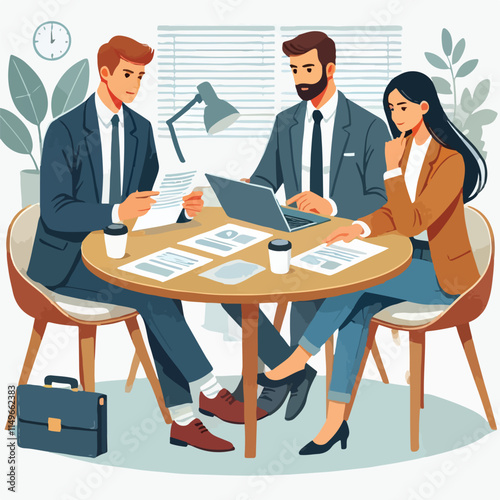 partners meeting for business discussion with documents and laptop on desk.couple at round table ,speaking ,discussing work,partnership.flat vector illustration isolated on a white background