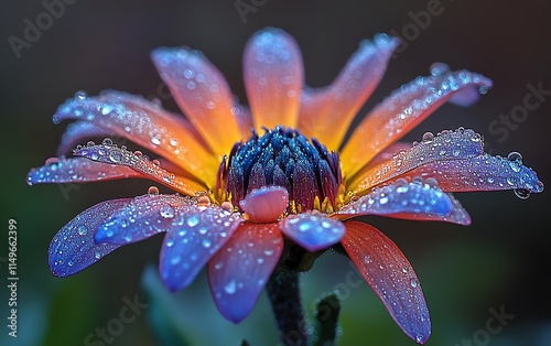 Macro image of a daisy with dewcovered petals, each water drop reflecting the light for a fresh, morning feel photo