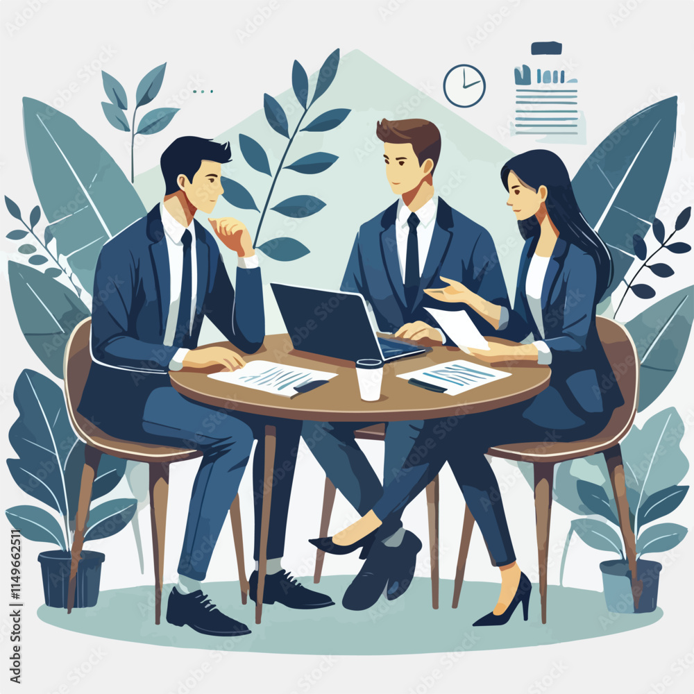 partners meeting for business discussion with documents and laptop on desk.couple at round table ,speaking ,discussing work,partnership.flat vector illustration isolated on a white background partners meeting for business discussion with documents and laptop on desk.couple at round table ,speaking ,discussing work,partnership.flat vector illustration isolated on a white background