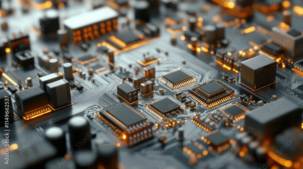 Close-Up View of a Circuit Board with Glowing Electrical Components Close-Up View of a Circuit Board with Glowing Electrical Components