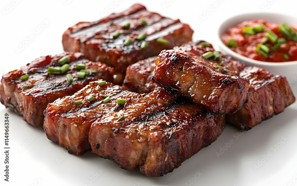 Grilled meat pieces garnished with green onions and served with a dipping sauce. Grilled meat pieces garnished with green onions and served with a dipping sauce.