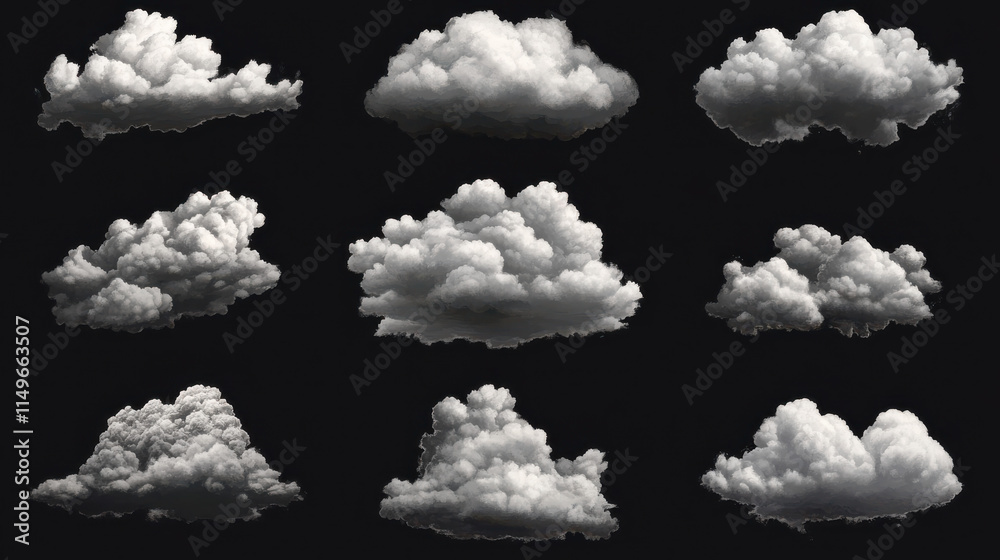 A collection of ultra-realistic clouds with dynamic and detailed forms, set against a pitch-black void. The clouds display a variety of shapes, some billowy and others wispy, with dramatic lighting em A collection of ultra-realistic clouds with dynamic and detailed forms, set against a pitch-black void. The clouds display a variety of shapes, some billowy and others wispy, with dramatic lighting em