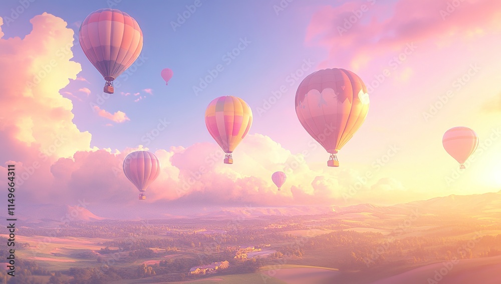 Fototapeta premium Hot Air Balloons Soar Over Scenic Landscapes at Sunrise, Creating a Breathtaking View with Colorful Balloons in the Sky