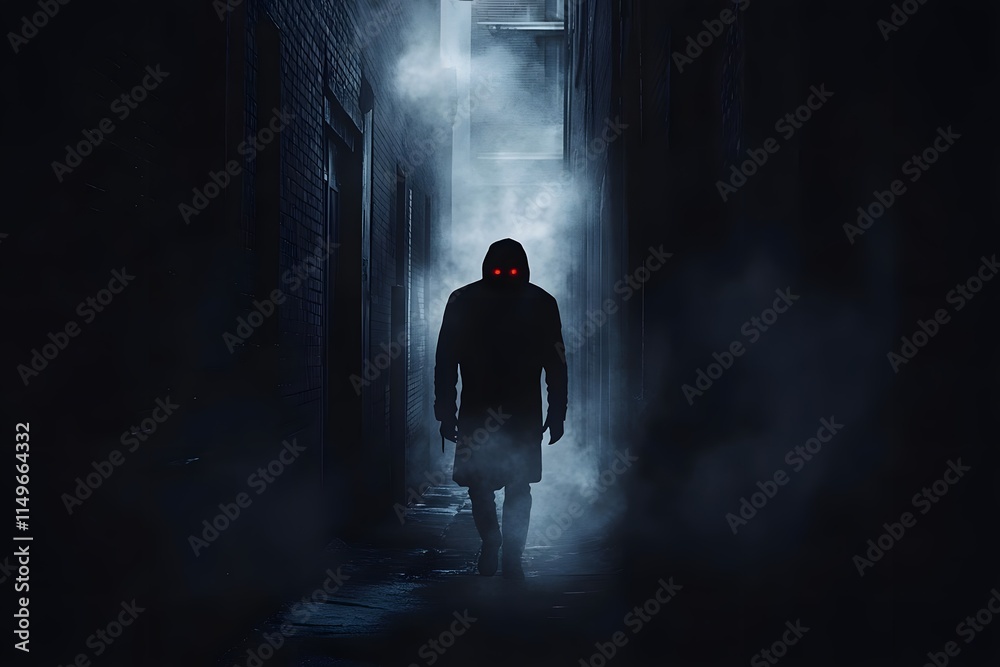 A shadowy figure with glowing red eyes stands in a foggy alley, creating a mysterious atmosphere. A shadowy figure with glowing red eyes stands in a foggy alley, creating a mysterious atmosphere.