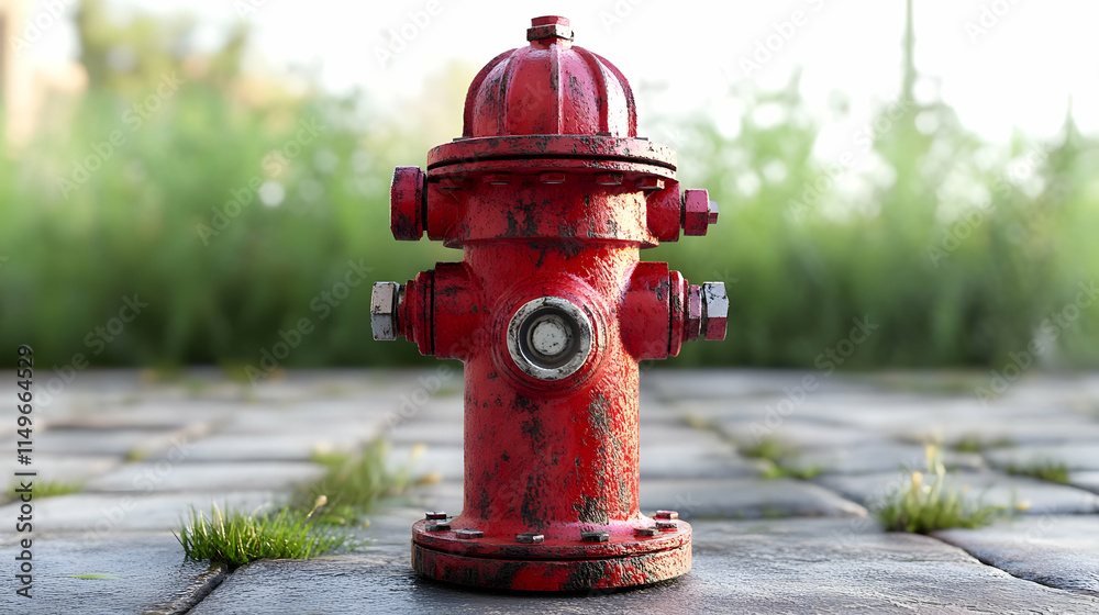 A red fire hydrant standing on a stone pavement surrounded by grass. A red fire hydrant standing on a stone pavement surrounded by grass.