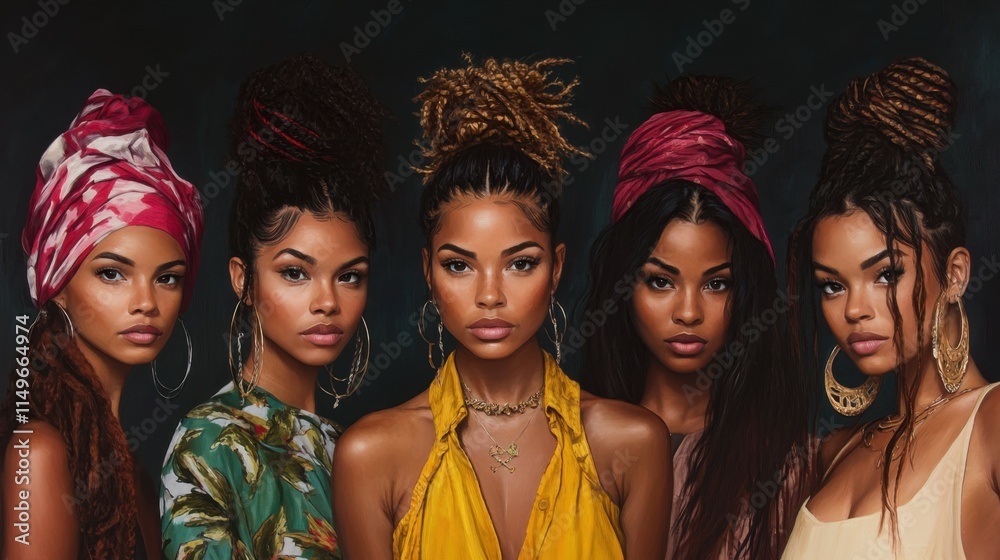 Fototapeta premium Five Stunning Women with Diverse Hairstyles and Colorful Headwraps