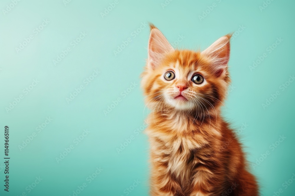 Fototapeta premium A cute orange kitten with large eyes against a turquoise background.
