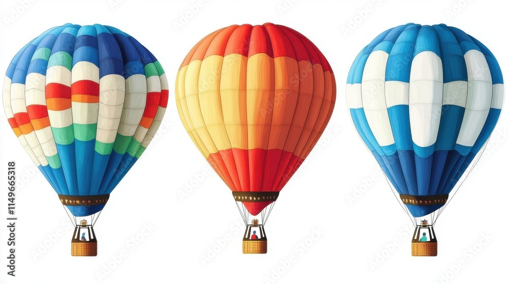 Obraz premium Three vibrant hot air balloons in assorted colors, floating majestically against a clear blue sky.