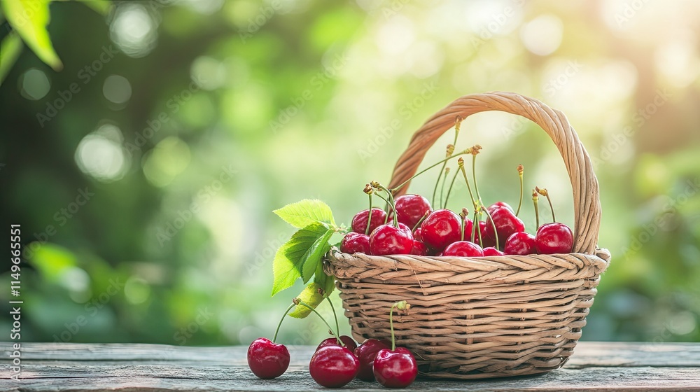 Fresh Red Cherries in a Wicker Basket on a Wooden Table Outdoors Fresh Red Cherries in a Wicker Basket on a Wooden Table Outdoors