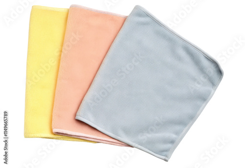 Set of three soft cleaning cloths in pastel colors isolated with transparent background