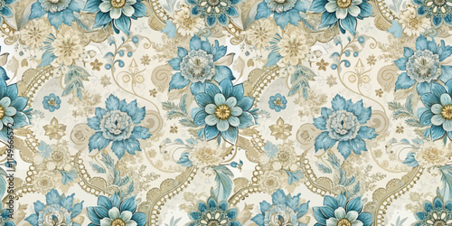 Elegant floral pattern in soft blue and beige tones, ideal for home decor.