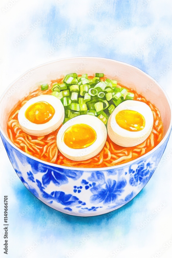 A bowl of vibrant ramen with soft boiled eggs and green onions, presented in a decorative blue floral dish. A bowl of vibrant ramen with soft boiled eggs and green onions, presented in a decorative blue floral dish.