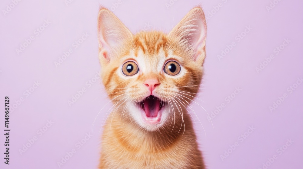 Obraz premium A surprised orange kitten with wide eyes against a pastel purple background.