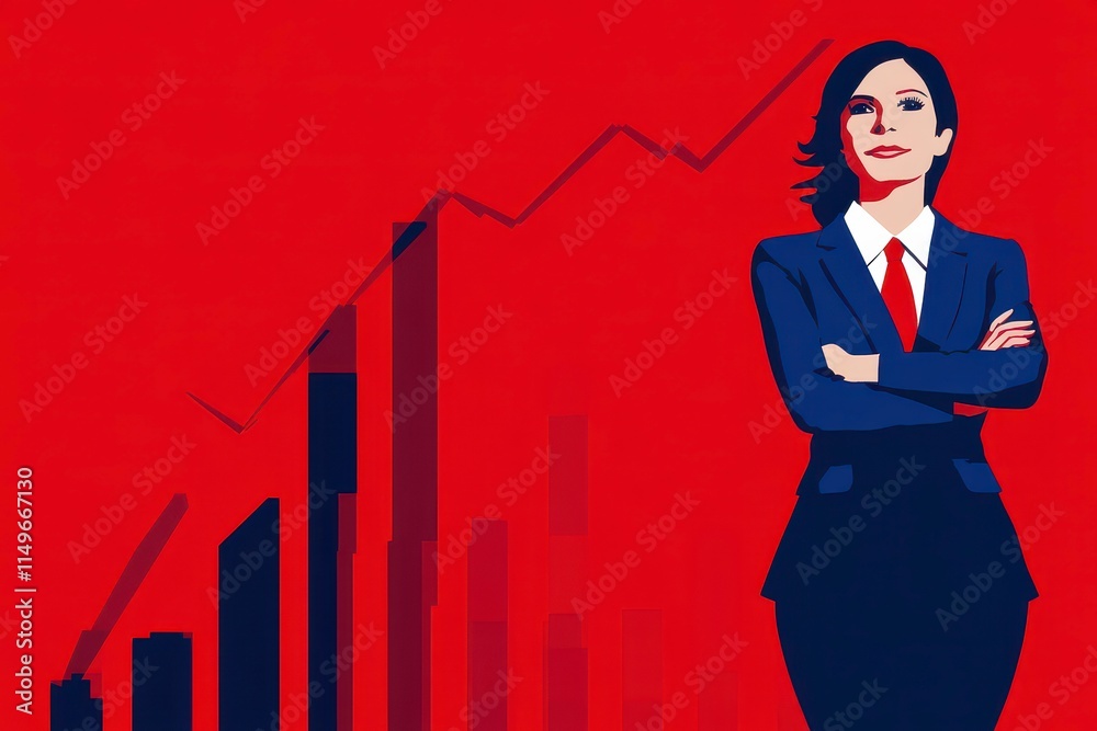 A confident businesswoman stands before a rising graph, symbolizing success and growth. A confident businesswoman stands before a rising graph, symbolizing success and growth.