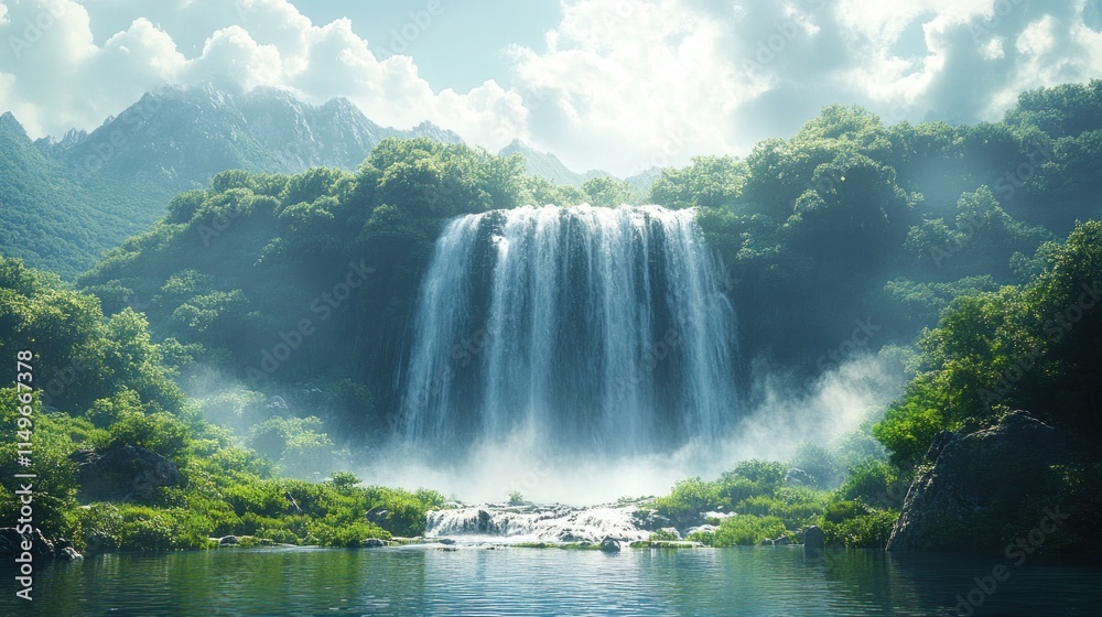 Fototapeta premium Serene waterfall cascades into tranquil pool, mountains.