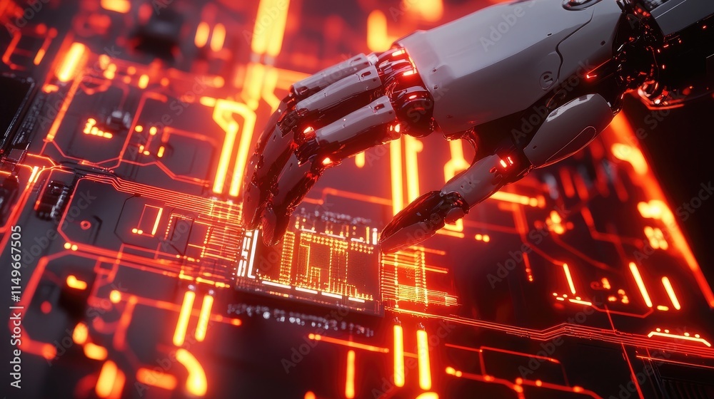 Robotic Hand Touching Circuit Board with Glowing Red Lights Robotic Hand Touching Circuit Board with Glowing Red Lights