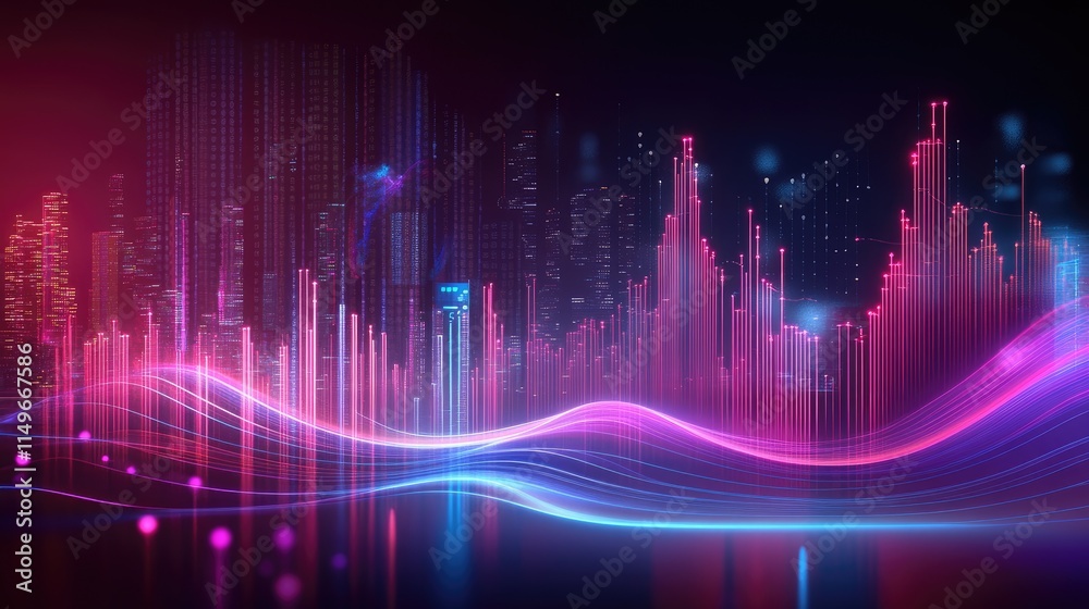 Vibrant Abstract Waveform Visuals with Neon Lights and Cityscape Vibrant Abstract Waveform Visuals with Neon Lights and Cityscape