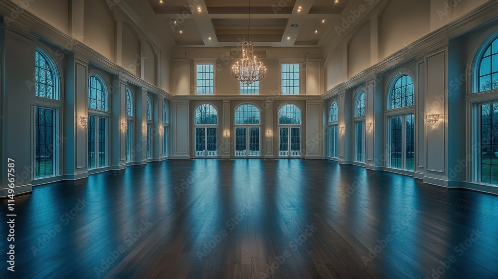 Obraz premium Elegant Event Space with Crystal Chandelier and Large Windows