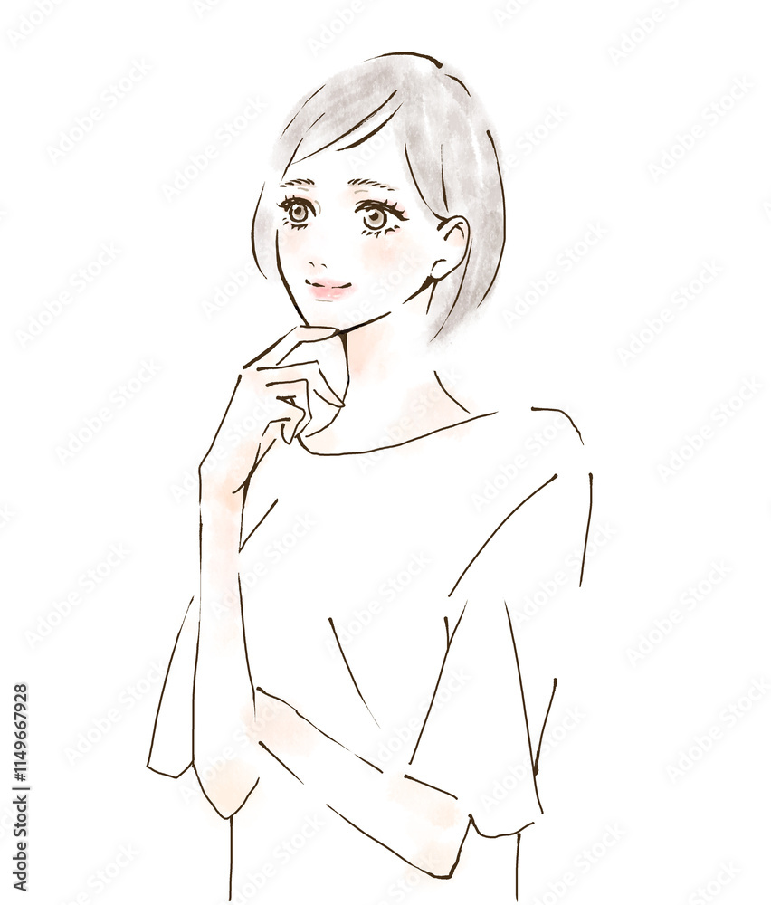 顎に手を当てる女性のイラスト 笑顔 顎に手を当てる女性のイラスト 笑顔